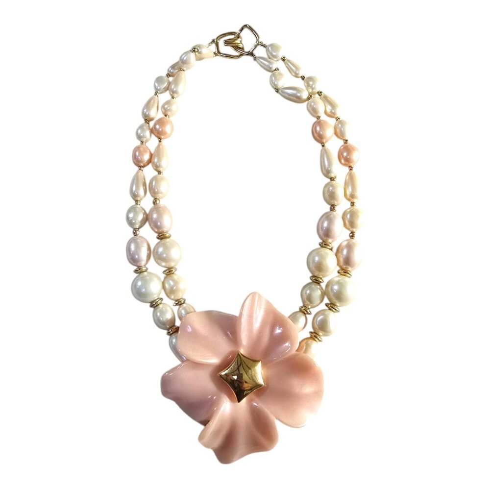 Vintage Trifari Faux Pearl Flower Statement Necklace